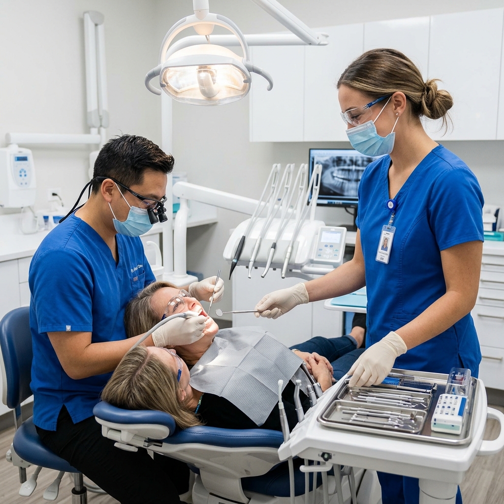 Dental assistant helping dentist during procedure