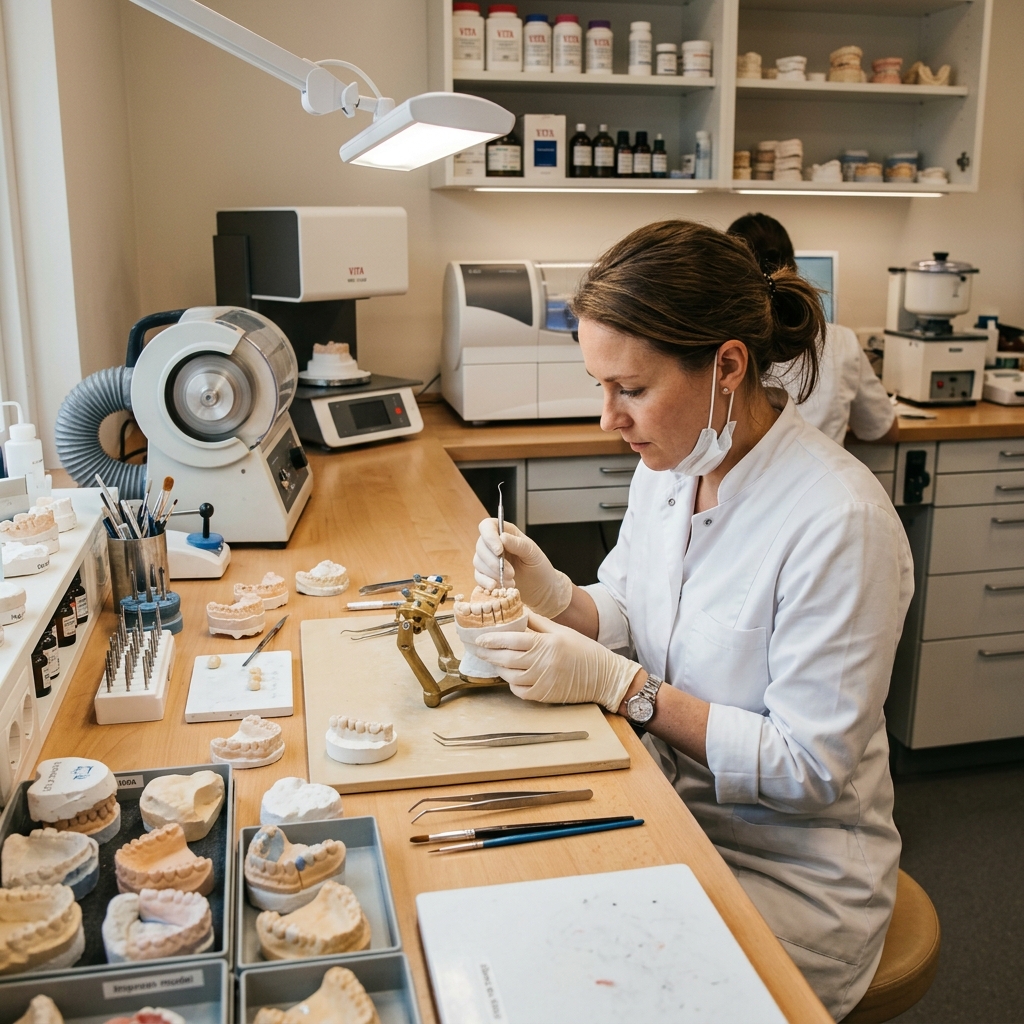 Dental laboratory technician working with dental prosthetics